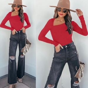 REORIA Women's Classy Asymmetrical Neck Long Sleeve Slimming Thong Bodysuit